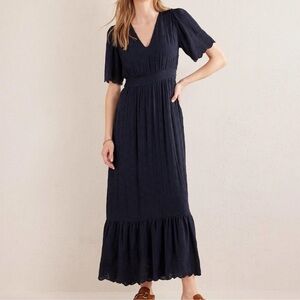 Boden Broderie Floral Eyelet Maxi Dress 12 Short Sleeves Navy Blue V Neck D0517